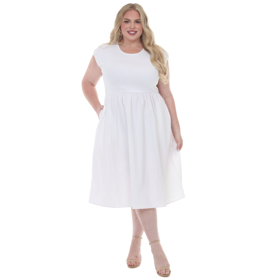 Plus Size Ultrasoft Cotton Knit to Woven Midi Dress