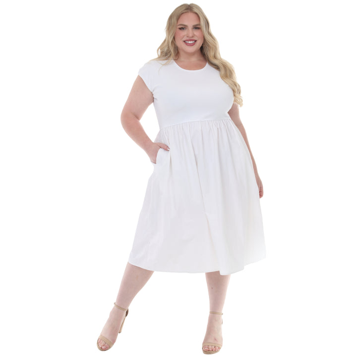 Plus Size Ultrasoft Cotton Knit to Woven Midi Dress