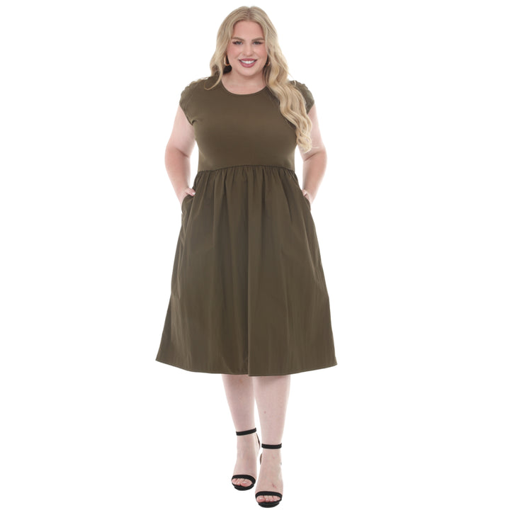 Plus Size Ultrasoft Cotton Knit to Woven Midi Dress