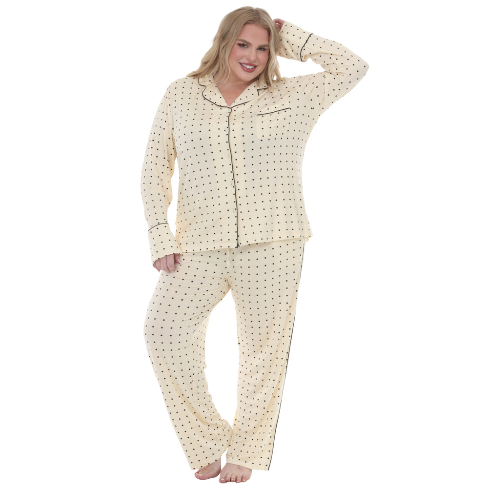 Plus Size 2-Piece Polka-Dot Button-Front Bamboo Pajama Set in ivory — White Mark