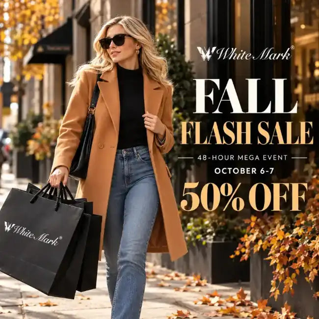 48-hour Fall Flash Sale, 50% off, model in camel coat and jeans - White Mark