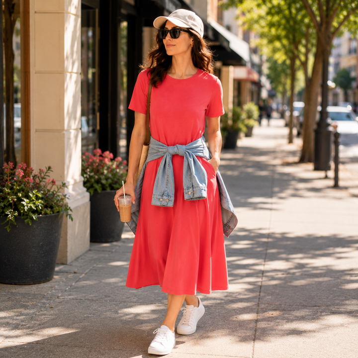 Woman wearing a coral pink midi T-shirt dress with white sneakers and a denim jacket tied at the waist on a sunny urban street