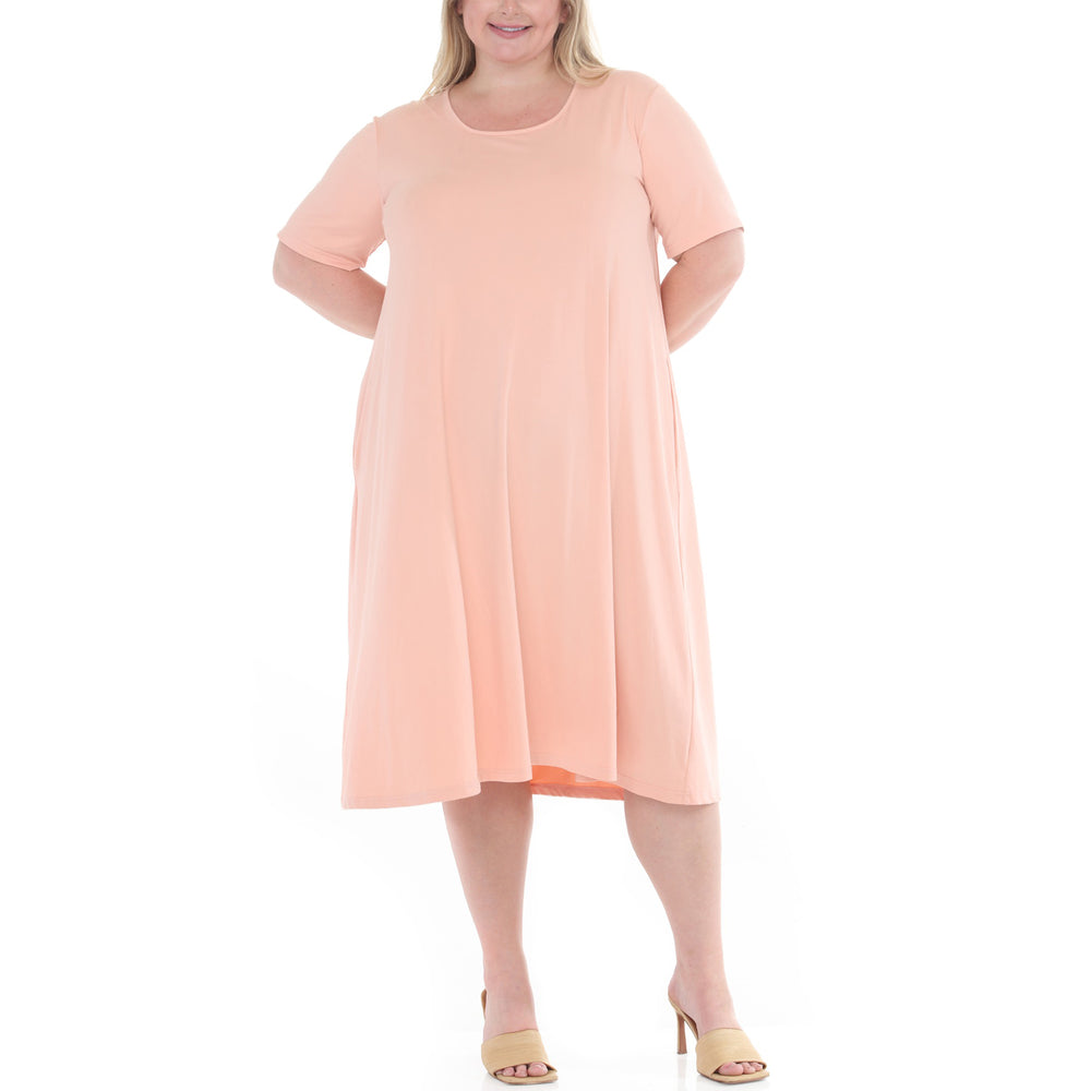 Women's Plus Size Short Sleeve Swing Midi Dress with Pockets in Pink